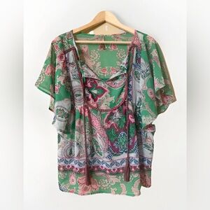 Entro green & pink paisley Boho relaxed fit blouse with flutter sleeves